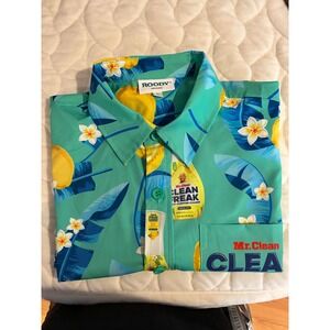 Roody Mr. Clean Clean Freak Hawaiian Shirt Lemon Floral Print Short Sleeve-Large